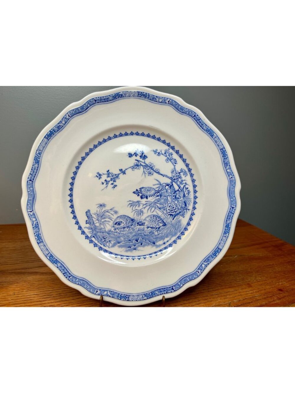 Set of 2 Antique FURNIVALS 1913 Blue Quail 10 1/4" Dinner Plates Round Backstamp - Picture 3 of 16